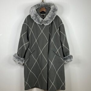 Vintage LaParka Womens 14 Gray Silver Wool Hooded Winter Coat Faux Fur Canada